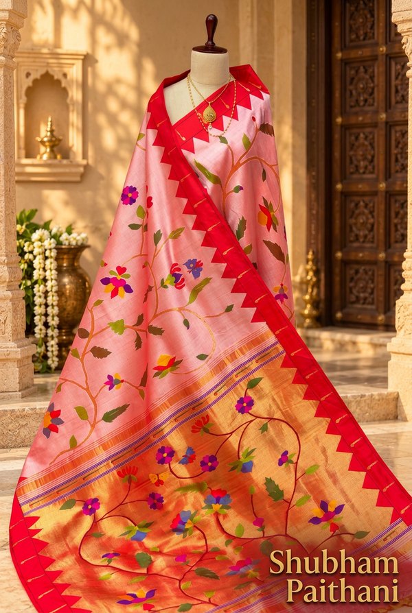 All over brocade pure silk  paithani With single muniya Resham border and temple