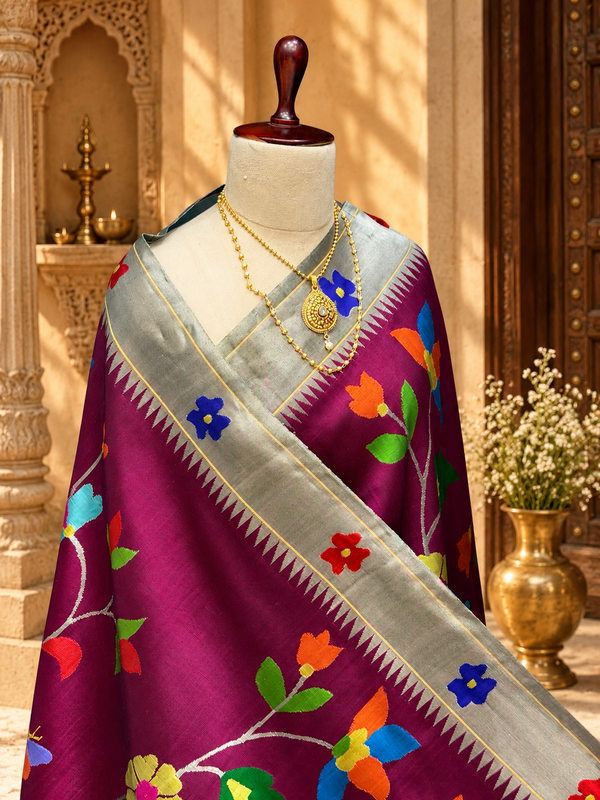 All over Brocade Paithani’s with flower  border with silver zari