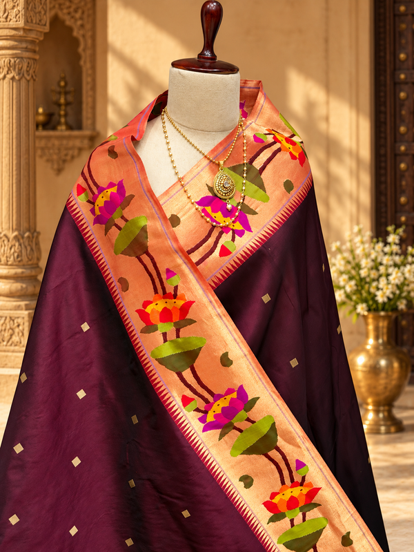 Lotous border paithani pure silk  beautiful Coffe brown colour