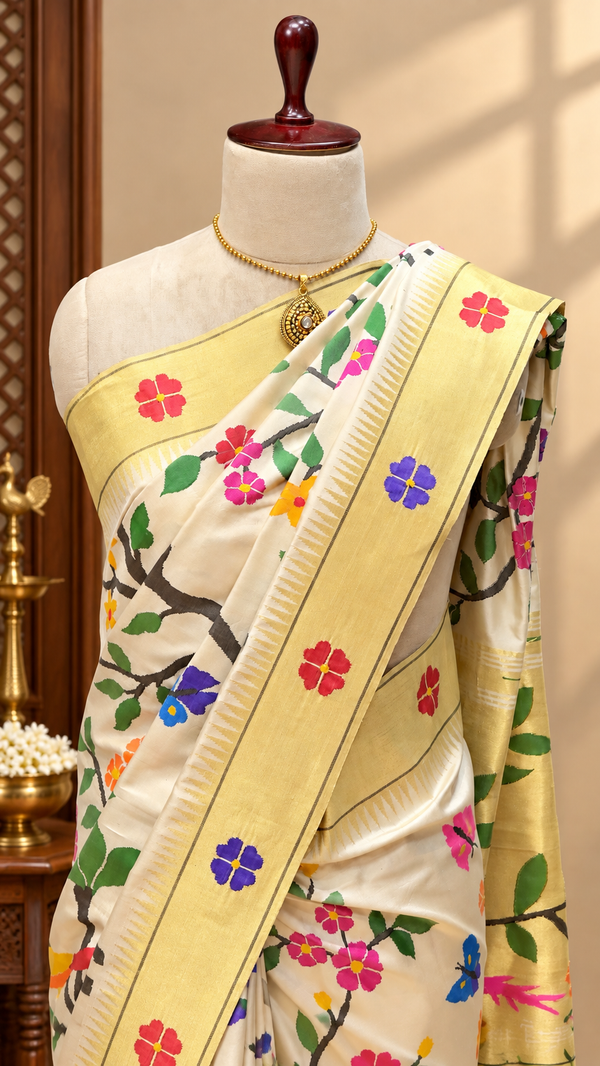 All over brocade paithani pure silk off white colour