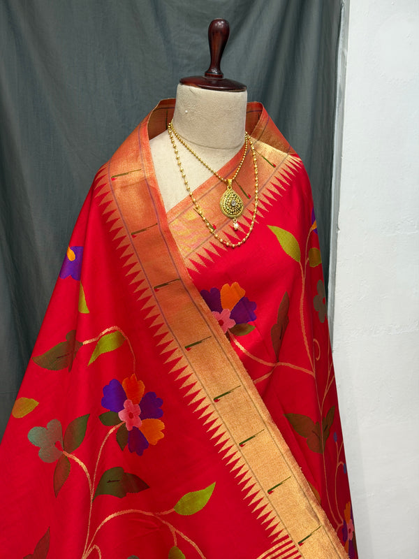 All over brocade paithani gorgeous, blood, red colour with single muniya zari border