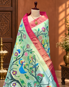 Pastel Mint Green Floral & Peacock Paithani Saree with Pink Zari Border - Angle 2