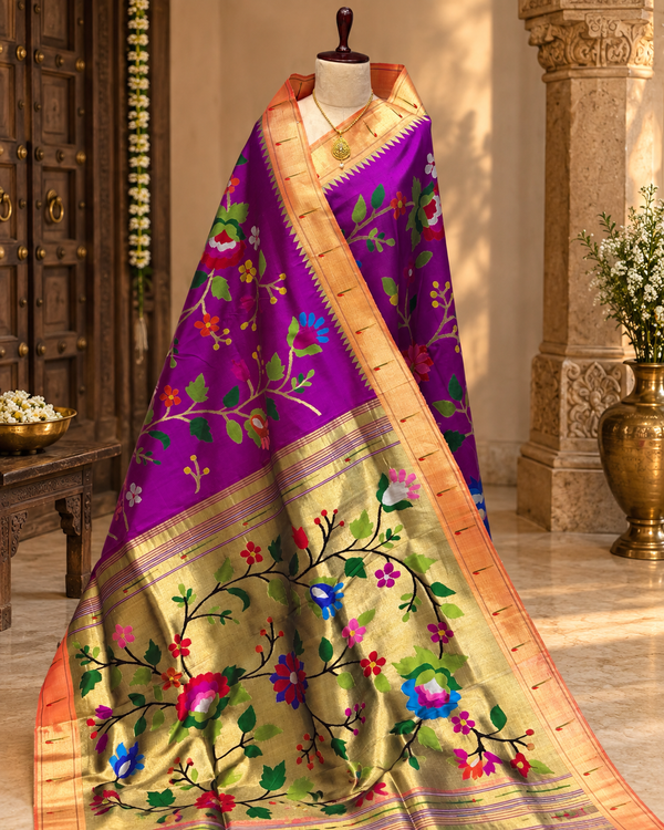 Royal Purple Floral all over Paithani | Pure Silk Elegance