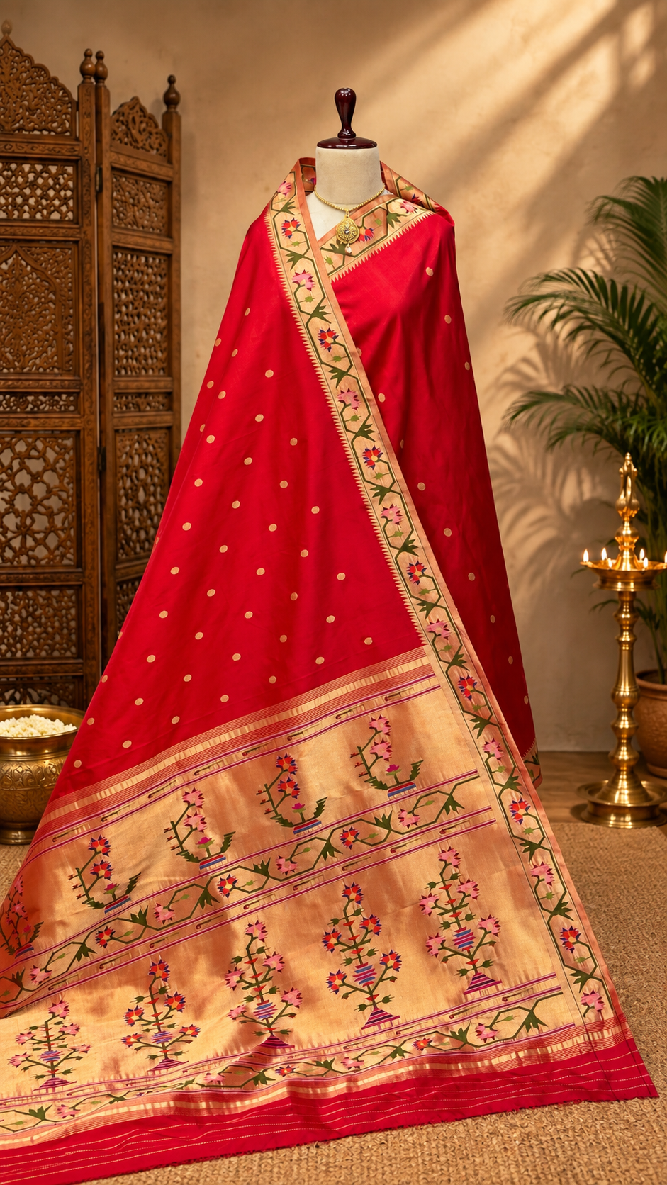 Aasawali Red Floral Paithani Saree with Golden Butti & Zari Pallu
