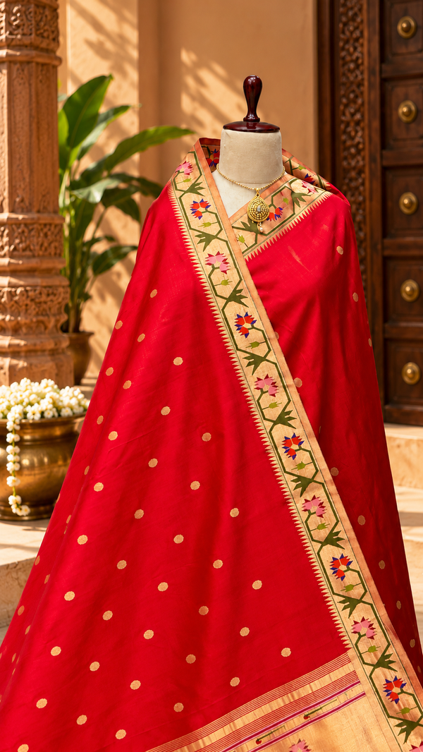 Aasawali Red Floral Paithani Saree with Golden Butti & Zari Pallu