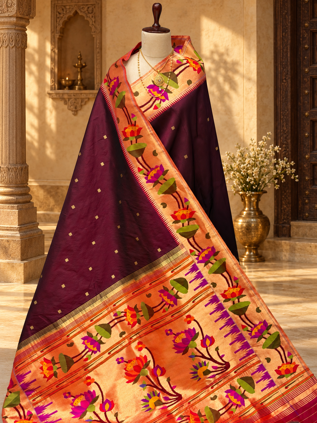 Lotous border paithani pure silk  beautiful Coffe brown colour