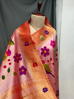 All over brocade paithani |flower border | pure silk handloom saree - Angle 2