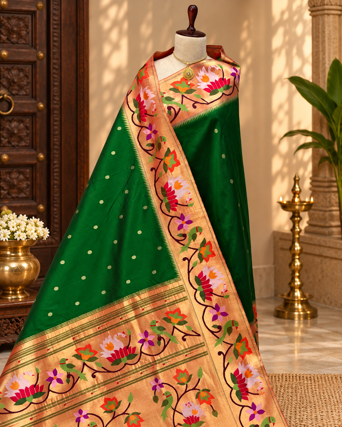 Swan and parrot border paithani