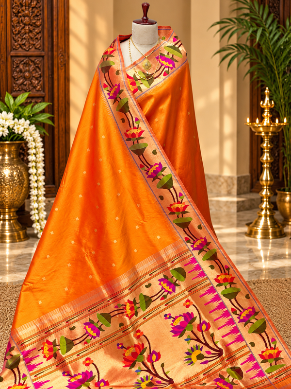 Lotous border paithani pure silk  beautiful mango  colour inspired by nita ambani