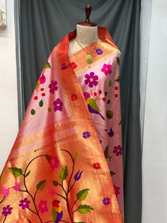 All over brocade paithani |flower border | pure silk handloom saree - Angle 1
