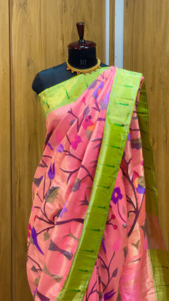All over brocade paithani pure silk contrast border of single muniya - Angle 2