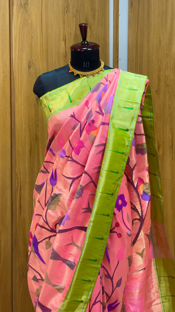 All over brocade paithani pure silk contrast border of single muniya