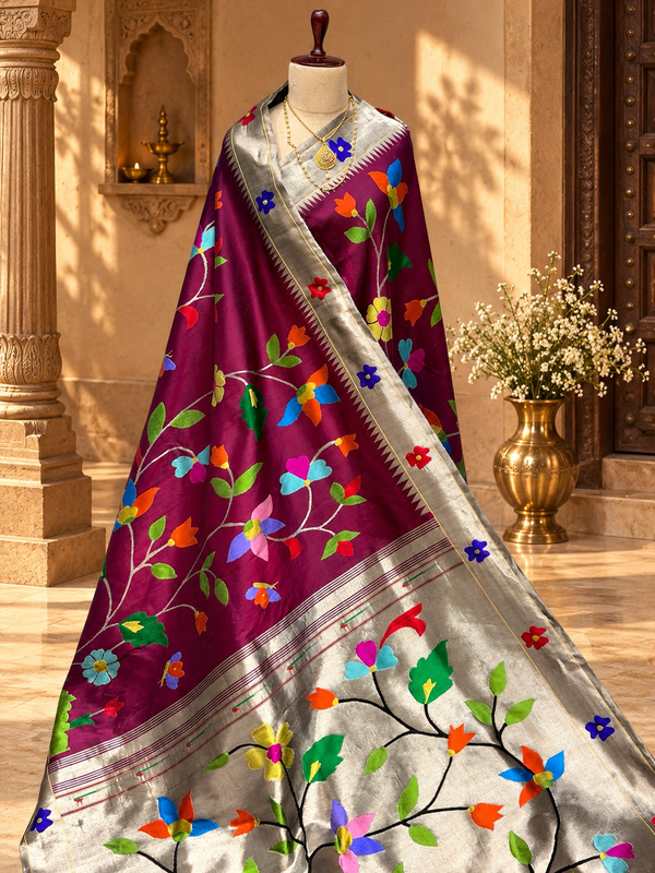 All over Brocade Paithani’s with flower  border with silver zari