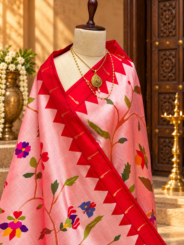 All over brocade pure silk  paithani With single muniya Resham border and temple