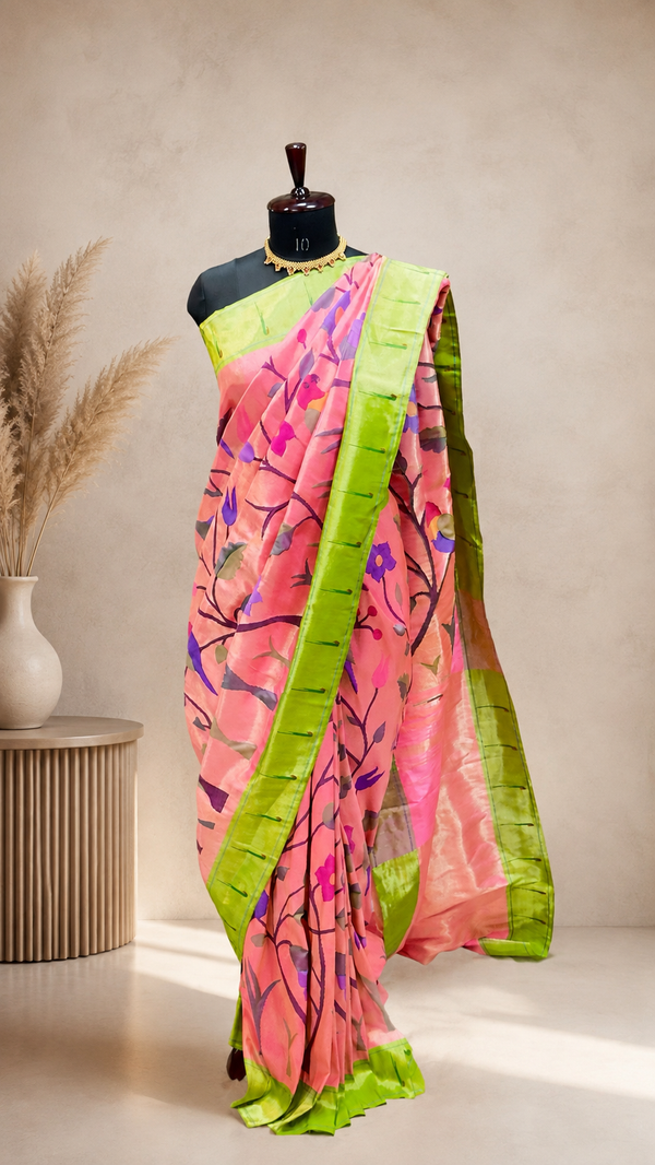 All over brocade paithani pure silk contrast border of single muniya