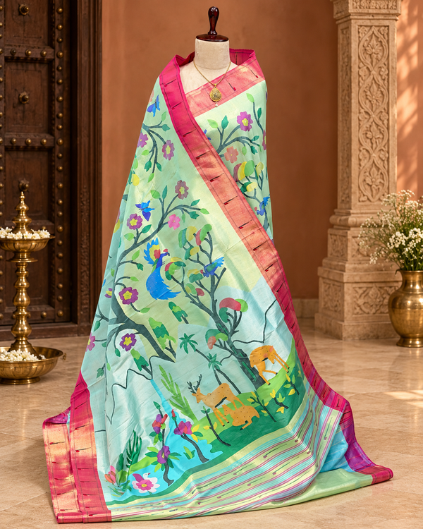 Pastel Mint Green Floral & Peacock Paithani Saree with Pink Zari Border