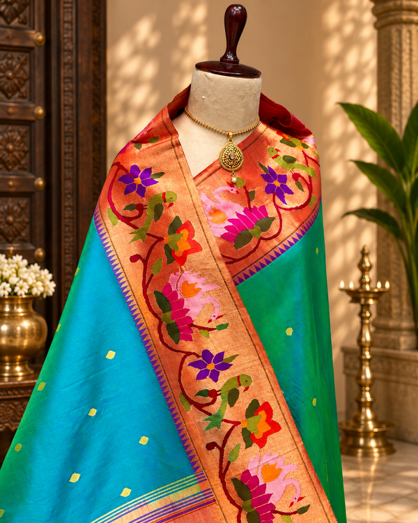 Swan and parrot border paithani