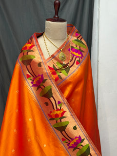 Lotous border paithani pure silk  beautiful mango  colour inspired by nita ambani - Angle 2