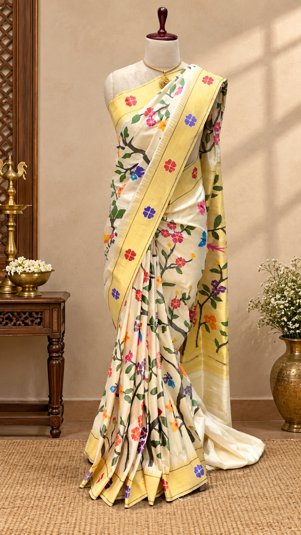 All over brocade paithani pure silk off white colour