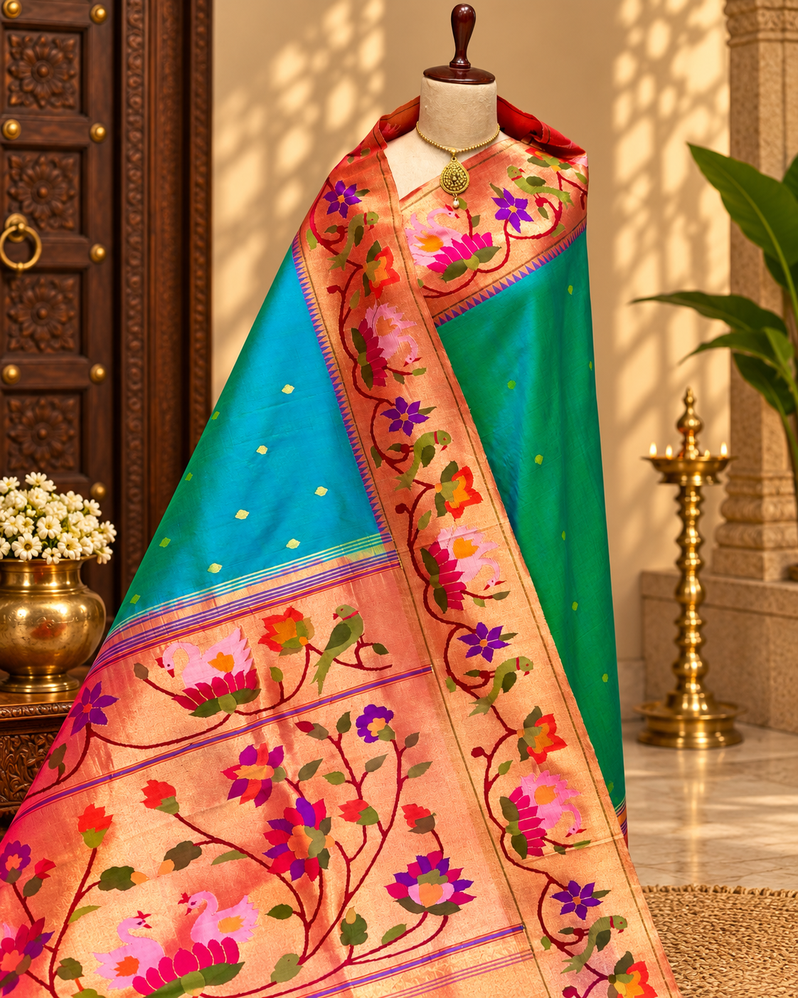 Swan and parrot border paithani