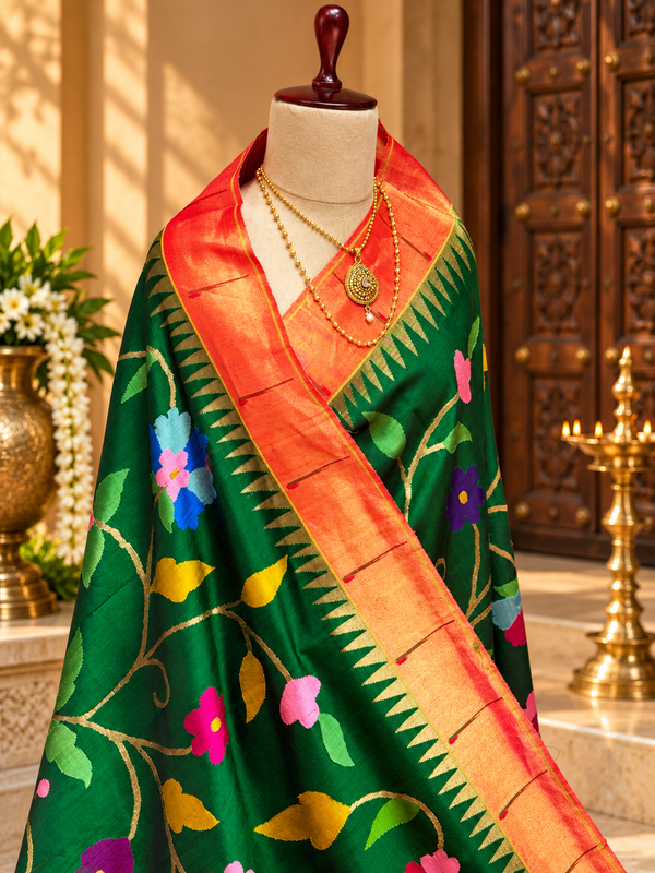 All over brocade pure silk  paithani With single muniya zari border