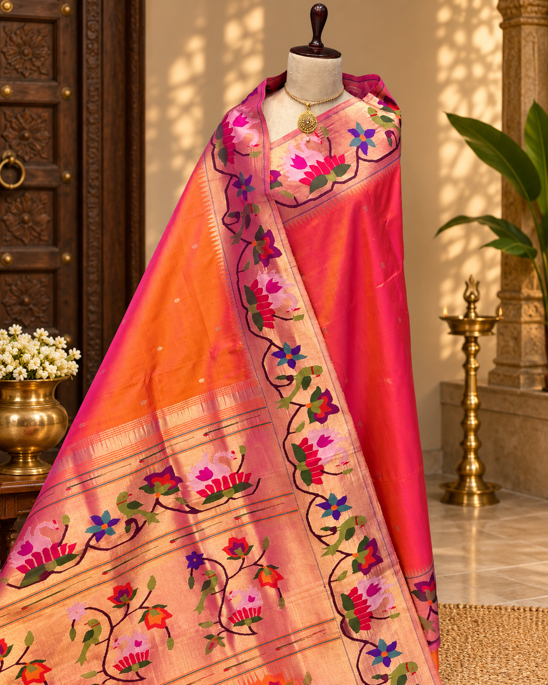 Swan and parrot border paithani