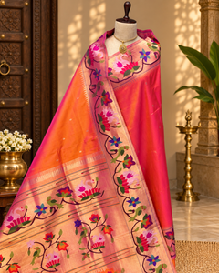 Swan and parrot border paithani - Angle 1
