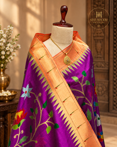 Royal Purple Floral all over Paithani | Pure Silk Elegance - Angle 2