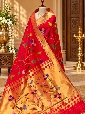 All over brocade paithani gorgeous, blood, red colour with single muniya zari border