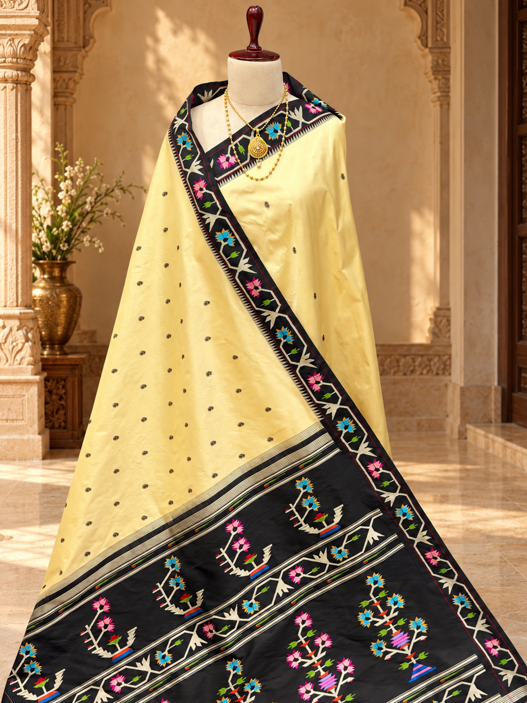 Aasawali off white Floral Paithani Saree with black Butti & Resham Pallu