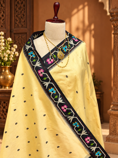 Aasawali off white Floral Paithani Saree with black Butti & Resham Pallu - Angle 2