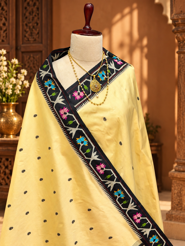 Aasawali off white Floral Paithani Saree with black Butti & Resham Pallu