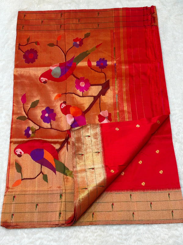 Tripal Muniya red colour with small peacock butti