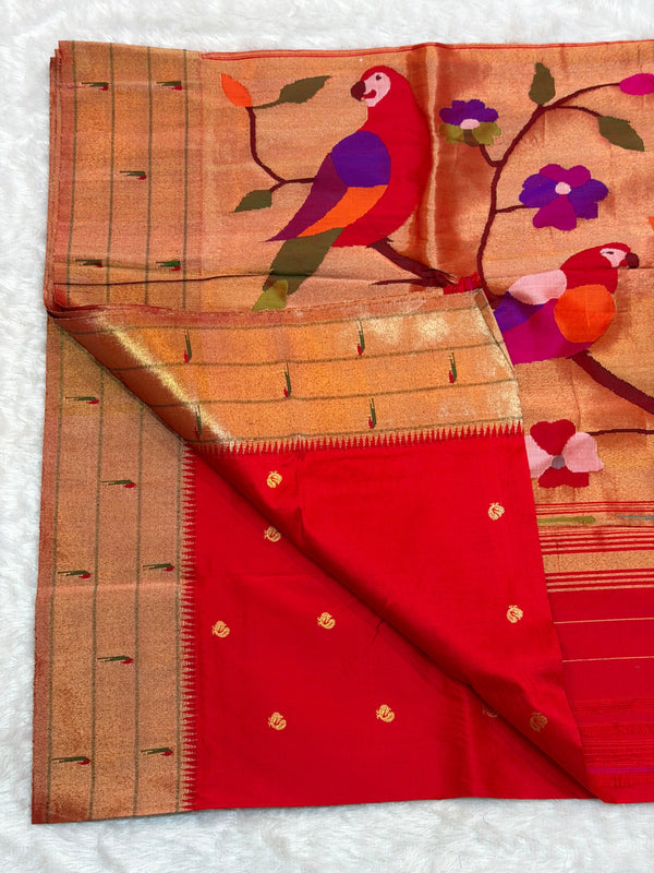Tripal Muniya red colour with small peacock butti