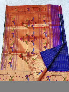 Parrot Peacock Border with Checks Paithani - Angle 2