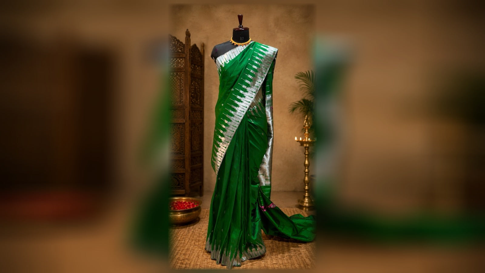 Shubham Paithani Emerald Silver Zari Forest Motif Silk Saree