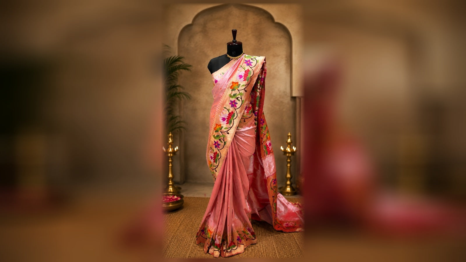 Shubham Paithani Royal Peach Floral Brocade Silk Saree