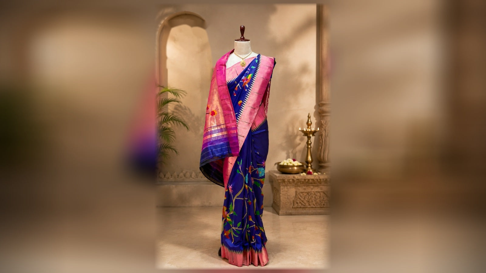 Shubham Paithani Royal Blue & Pink Gold Zari Paithani Saree